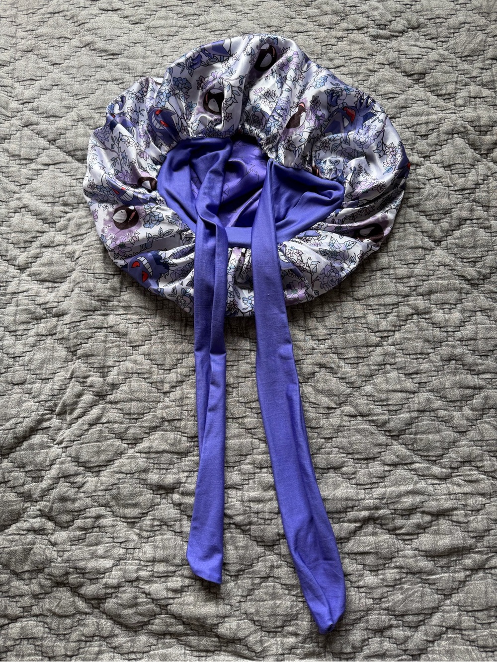 Purple Satin-Lined Bonnet with Pokemon Print